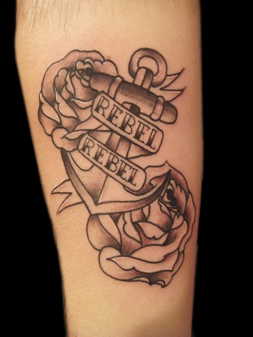Banner And Anchor With Rose Flowers Black And White Tattoo